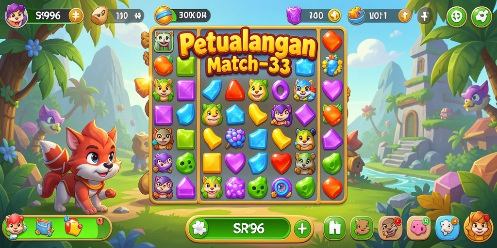 Tampilan gameplay SR996 yang menarik dan penuh warna dalam permainan Match-3.